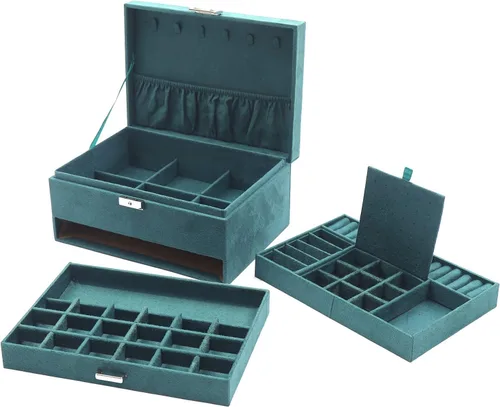 Vista 4 de Joyero con cerradura para mujer franela verde 3 capas organizador de joyas relojes collar anillo caja de almacenamiento