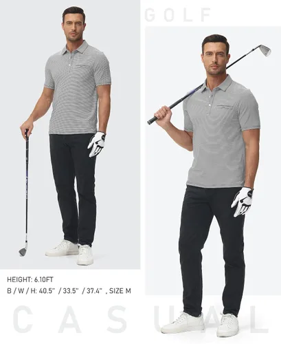 Vista 6 de MoFiz Polo de golf para hombre, ajuste seco, a rayas, de manga corta, absorbe la humedad, con bolsillo