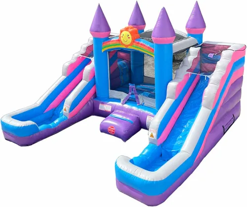 Vista 8 de [Usado] Pogo Bounce House Crossover - Combo de tobogán acuático doble, sin soplador, color morado Rosa