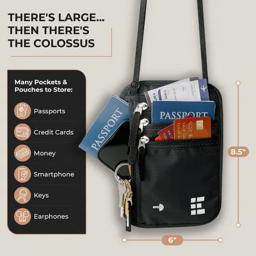 Vista 34 de Cartera para el cuello para viajes y pasaporte con bloqueo RFID, delgada y fácil de ocultar, bolsa de viaje de nailon para hombres y mujeres