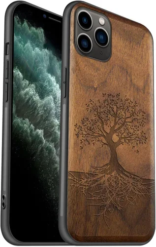 Vista 9 de Carveit Funda de madera para iPhone 11 Pro Max [madera real dura y TPU suave negro] a prueba de golpes, protector de teléfono de madera único