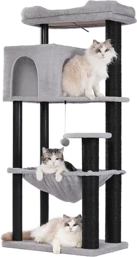 Vista 9 de Árbol de cactus para gatos, torre pequeña para gatos con poste rascador de 32 pulgadas con casa de condominio para gatos, hamaca acogedora y cama
