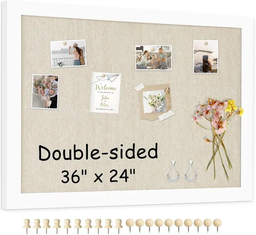 Vista 21 de Tablero de corcho de doble cara con lino, tablero de anuncios pequeño con marco de madera colgante de 12 x 12 pulgadas, kit de tablero de visión