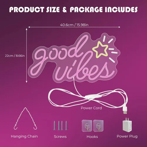 Vista 3 de Letrero de neón Good Vibes, 16 x 8.6 pulgadas, letreros de neón para decoración de pared con interruptor regulable, alimentado por USB, luces