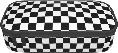 Vista 9 de Perinsto Estuche de lápices a cuadros en blanco y negro de gran capacidad, con múltiples compartimentos, caja de papelería, tablero de ajedrez