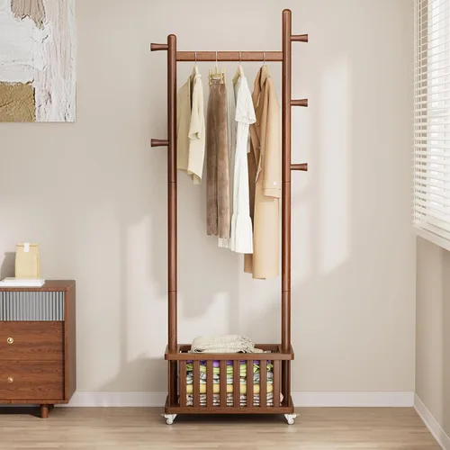 Vista 10 de Brand Perchero de madera maciza con ruedas independiente, entrada dormitorio sala de estar, combinación de madera de metal, ropa ropa bufanda