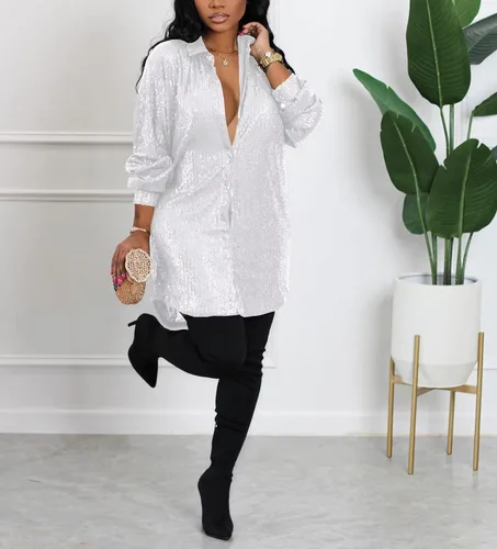 Vista 2 de Vestidos brillantes de lentejuelas para mujer, de manga larga, con botones, casual, camisa, elegante, con purpurina, mini vestidos de club
