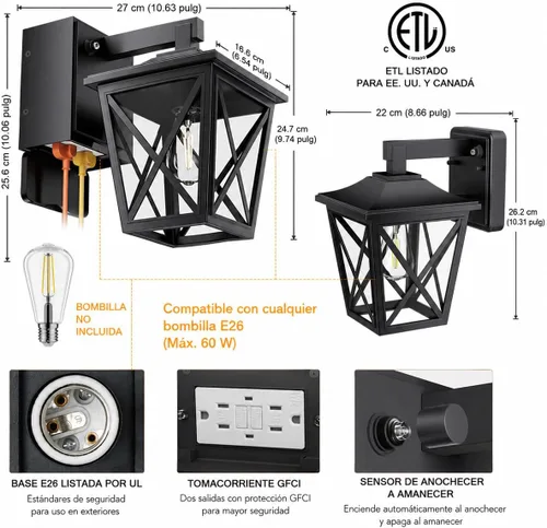 Vista 6 de Ehaho Luces de porche con salida GFCI, aleación de aluminio de grado Negro