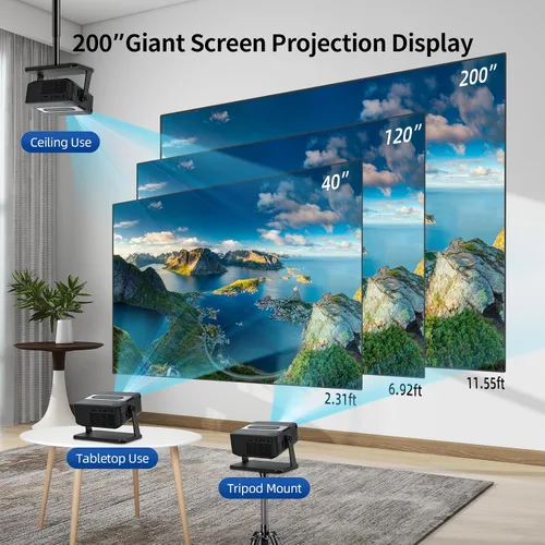 Vista 3 de Mini proyector 4K compatible con WiFi 6 y Bluetooth 5.0, altavoz de 4 W, Keystone vertical automático proyector portátil giratorio de 45°