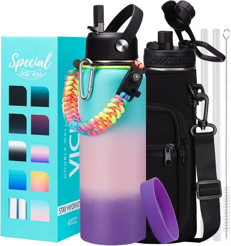 Vista 19 de Botellas de agua de 32 onzas aisladas con pajita y tapa para beber de un sorbo, asa de paracord, bolsa de transporte con correa, termo de triple