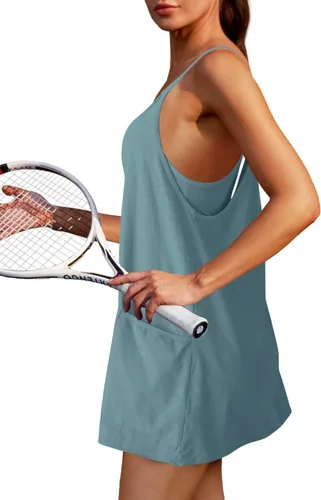 Vista 2 de Nirovien Vestido de tenis para mujer, mini vestido de entrenamiento con pantalones cortos, sin mangas, tirantes delgados, vestidos atléticos de golf
