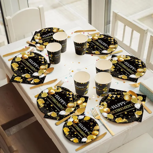 Vista 5 de Kepeel 168 piezas de suministros para fiesta de jubilación, decoraciones de fiesta de jubilación negro dorado para mujeres, platos de papel