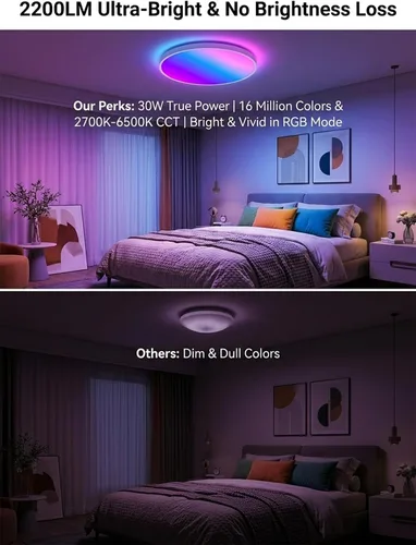 Vista 2 de Lámpara de techo LED inteligente de 12 pulgadas de montaje empotrado con control remoto, cableado (alimentado por CA) - Cambio de color RGB