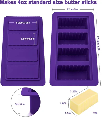 Vista 3 de Molde de mantequilla con tapa, recipiente de silicona para mantequilla con espátula, moldes de silicona antiadherentes para hacer 4 formas de barra