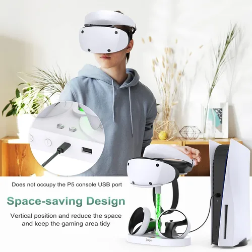 Vista 7 de FASTSNAIL Soporte de carga para Playstation VR2, auriculares verticales multifunción PS VR2 y controladores de sentido, estación de carga con 10