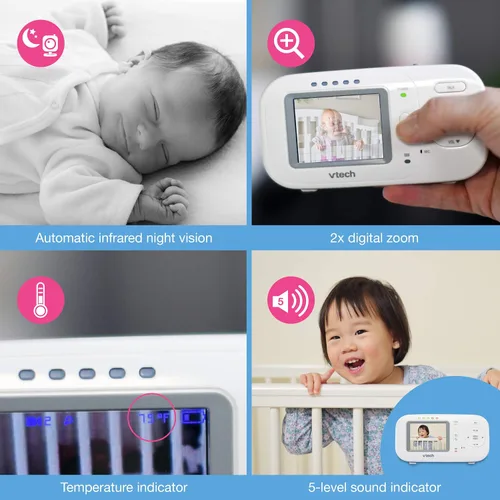 Vista 3 de VTech VM320 Monitor de bebé a todo color de video digital de 2.4 pulgadas con visión nocturna automática, blanco