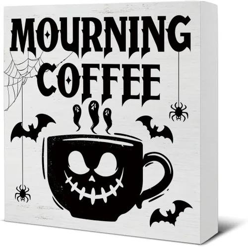 Vista 12 de Decoraciones de Halloween, decoración de cocina de Halloween, letrero de madera de café, decoración de Halloween para interiores, para escritorio