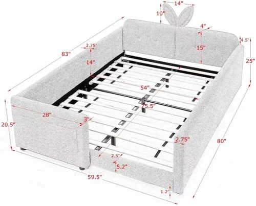 Vista 2 de Cama de suelo tapizada de tamaño matrimonial con valla y bolsillos, cama de Cama de suelo tapizada de tamaño matrimonial con listones y cabecero