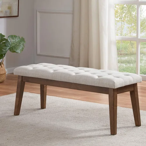 Vista 4 de HUIMO Upholstered Bench, Button Tufted Dining Bench (Beige) con patas de madera maciza, banco de extremo de cama para dormitorio, entrada, sala