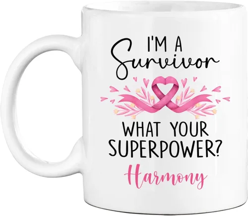 Vista 21 de Taza de café de concientización sobre el cáncer de mama con nombre personalizado, taza de café de 11 onzas, taza de té de cerámica blanca