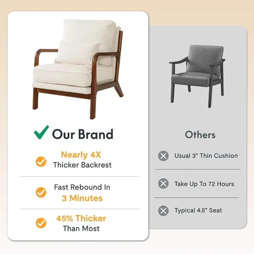 Vista 4 de FLEXISPOT AC1 - Silla decorativa, sillón moderno de mediados de siglo con marco de madera, cómoda silla de lectura tapizada de pana con almohada
