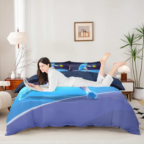 Vista 4 de Erosebridal Juego de ropa de cama con pelota de tenis para niños, funda de edredón con temática de juegos deportivos, tamaño individual para niños