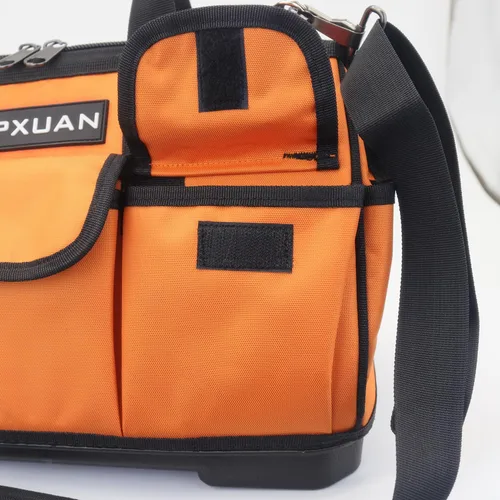 Vista 5 de Bolsa de herramientas resistente de 16 pulgadas, base de plástico moldeada, tela Oxford 900D impermeable, organizador de herramientas de boca ancha
