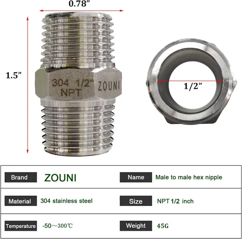 Vista 5 de 4 piezas de tetina hexagonal de 1/2" macho x 1/2" macho accesorios de tubería, adaptadores de tubería de rosca macho NPT de 1/2 pulgada de acero