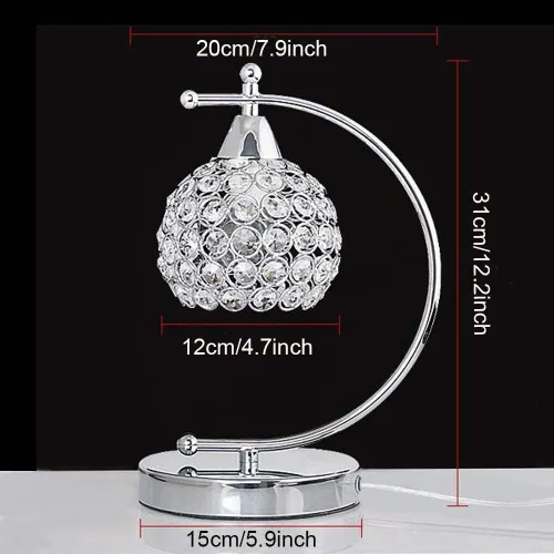 Vista 5 de Onerbuy Moderna lámpara de mesa de cristal enchufable, lámpara de mesa de noche cromada plateada E27 con interruptor de encendido/apagado en línea