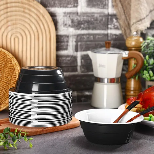 Vista 7 de Gejoy 50 cuencos de plástico negros de 23 onzas, desechables pero reutilizables, platos de ensalada y postre para servir el 4 de julio, bodas