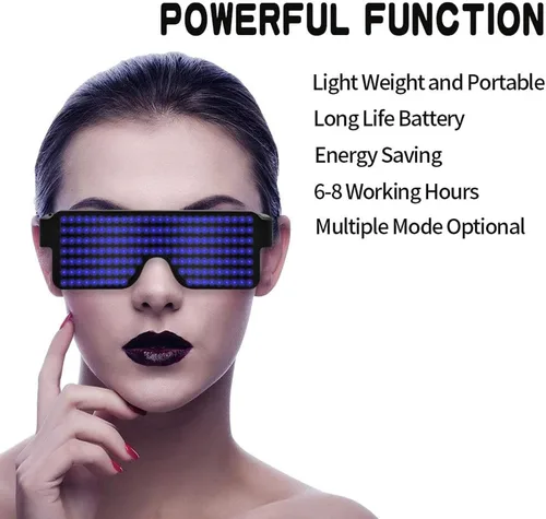 Vista 21 de Gafas LED dinámicas que brillan con luz LED recargable por USB, con luz intermitente de neón, 11 patrones, gafas luminosas