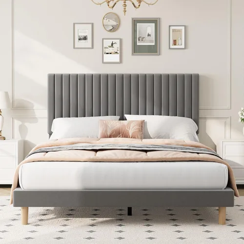 Vista 8 de IDEALHOUSE Base de cama individual con cabecera ajustable, plataforma tapizada de terciopelo, marco de cama tamaño individual, canal vertical Beige