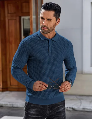 Vista 5 de COOFANDY Polo de punto para hombre, de manga larga, ligero, a la moda, informal, con cuello