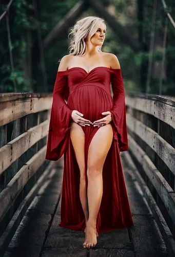 Vista 3 de ZIUMUDY Vestido largo de maternidad con hombros descubiertos y mangas acampanadas, vestido de fotografía para baby shower