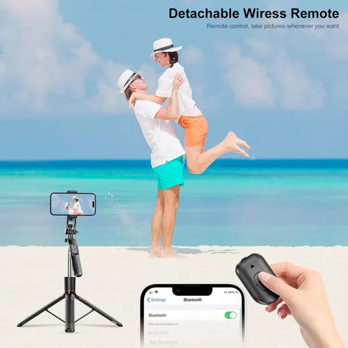 Vista 6 de Trípode con palo selfie de 67 pulgadas para iPhone con control remoto, soporte para teléfono y tornillo de 1/4 de pulgada, trípode extensible