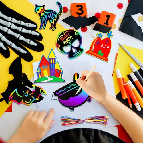 Vista 6 de Max Fun Paquete de 48 tarjetas de papel de arte para manualidades de Halloween, adornos mágicos de arco iris, suministros para colgar, kit