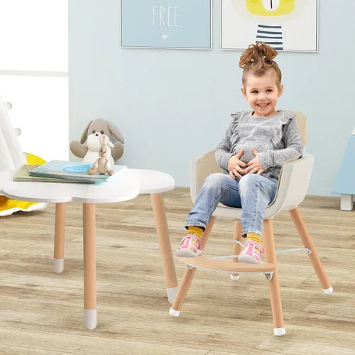 Vista 8 de BABY JOY Trona convertible para bebé, 3 en 1, silla alta de madera/asiento elevador/silla con bandeja extraíble, patas ajustables, arnés de 5 Beige