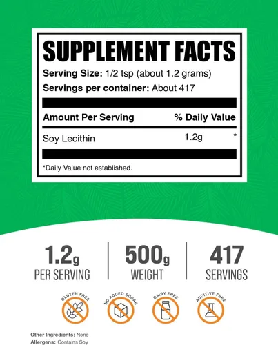 Vista 2 de BulkSupplements. com - Lecitina de soja en polvo, suplemento nutricional, grado alimenticio, sin gluten, 0.04 oz por porción, 17.64 oz (1,1 libras)