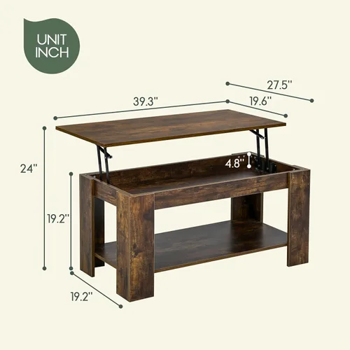 Vista 8 de FDW con compartimento de almacenamiento oculto y estante inferior, mesa de centro con elevador superior para sala de estar (marrón)