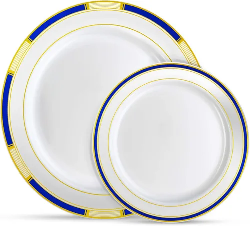 Vista 14 de Laura Stein Juego de vajilla de diseñador 32 cuencos de plástico desechables para fiestas, cuenco blanco con borde azul y detalles dorados