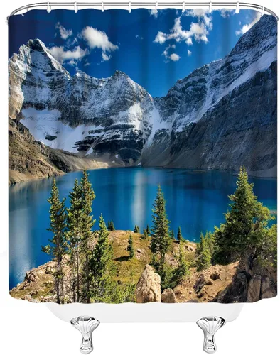 Vista 3 de Cortina de ducha escénica de montaña, naturaleza, montaña, lago, cielo azul, nube, paisaje, simple, tela para el hogar, juego de decoración de baño