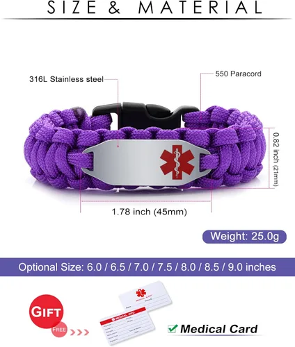 Vista 3 de Pulsera de alerta médica Paracord para hombres y mujeres Pulsera de identificación médica de acero inoxidable con hebillas de liberación lateral