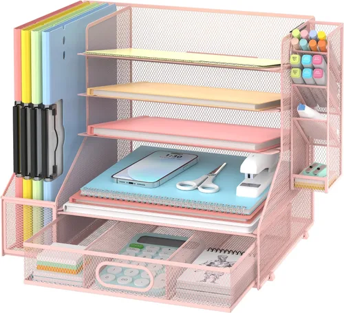 Vista 10 de DALTACK Organizador de Escritorio de Malla, Bandeja de Cartas de 5 Niveles con Portaarchivos y Portabolígrafos y Cajón Deslizante, Organizador