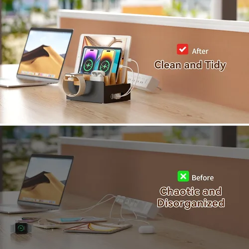 Vista 6 de Pezin & Hulin Estación de carga de bambú para múltiples dispositivos con cargador USB de 5 puertos, 5 cables, soporte para reloj inteligente
