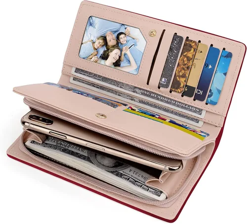 Vista 3 de UTO Cartera de piel sintética para mujer, de gran capacidad, colgante de gato, soporte para teléfono, organizador de chequera, con cremallera