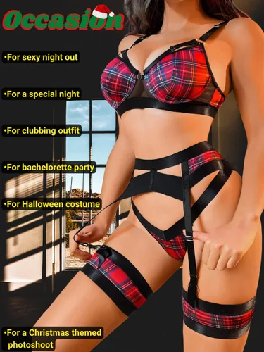 Vista 78 de Kaei&Shi - Lencería con liguero para mujer, conjunto de encaje traslúcido y sexy de 4 piezas combinadas