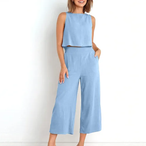 Vista 7 de Conjuntos de algodón y lino para mujer, conjunto de 2 piezas de verano, conjunto de pantalones de pierna ancha, bolsillos a juego, conjunto