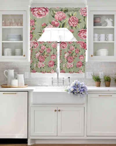 Vista 4 de Juego de cortinas de cocina con festón floral verde salvia, cenefa y nivel, 24 pulgadas de largo, diseño retro de flores rosa pastel, cortinas