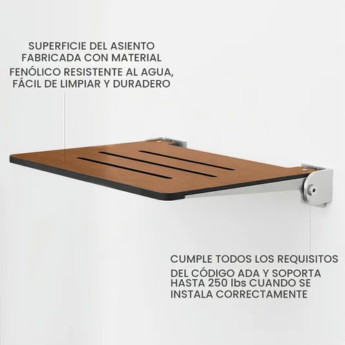 Vista 4 de Seachrome Asiento de ducha plegable Silhouette Slimline de 18 pulgadas, para montaje en pared, asiento rústico de teca con marco plateado