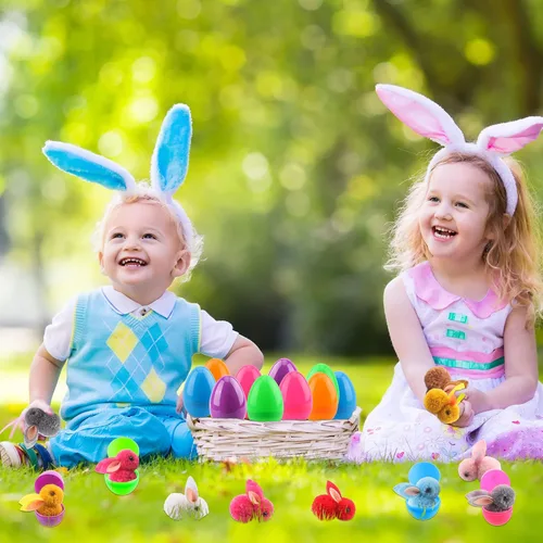 Vista 6 de 48 huevos de Pascua rellenos con mini conejito de peluche, juguetes de Pascua para fiesta de Pascua, juegos de caza en interiores y exteriores